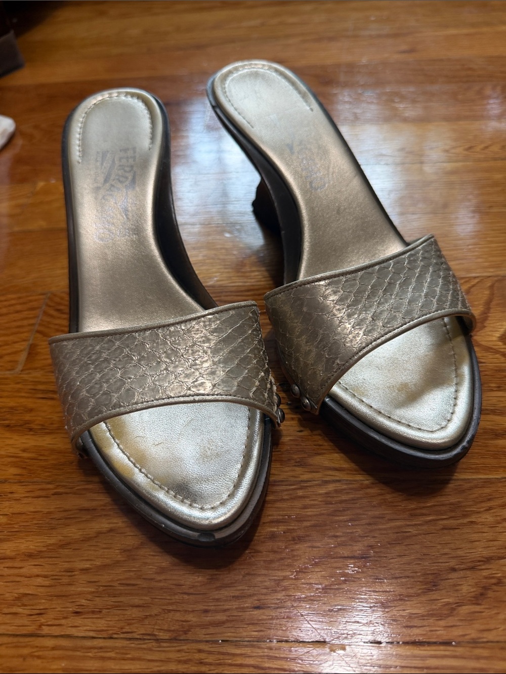 Salvatore Ferragamo Metallic Bronze Slide Wedges